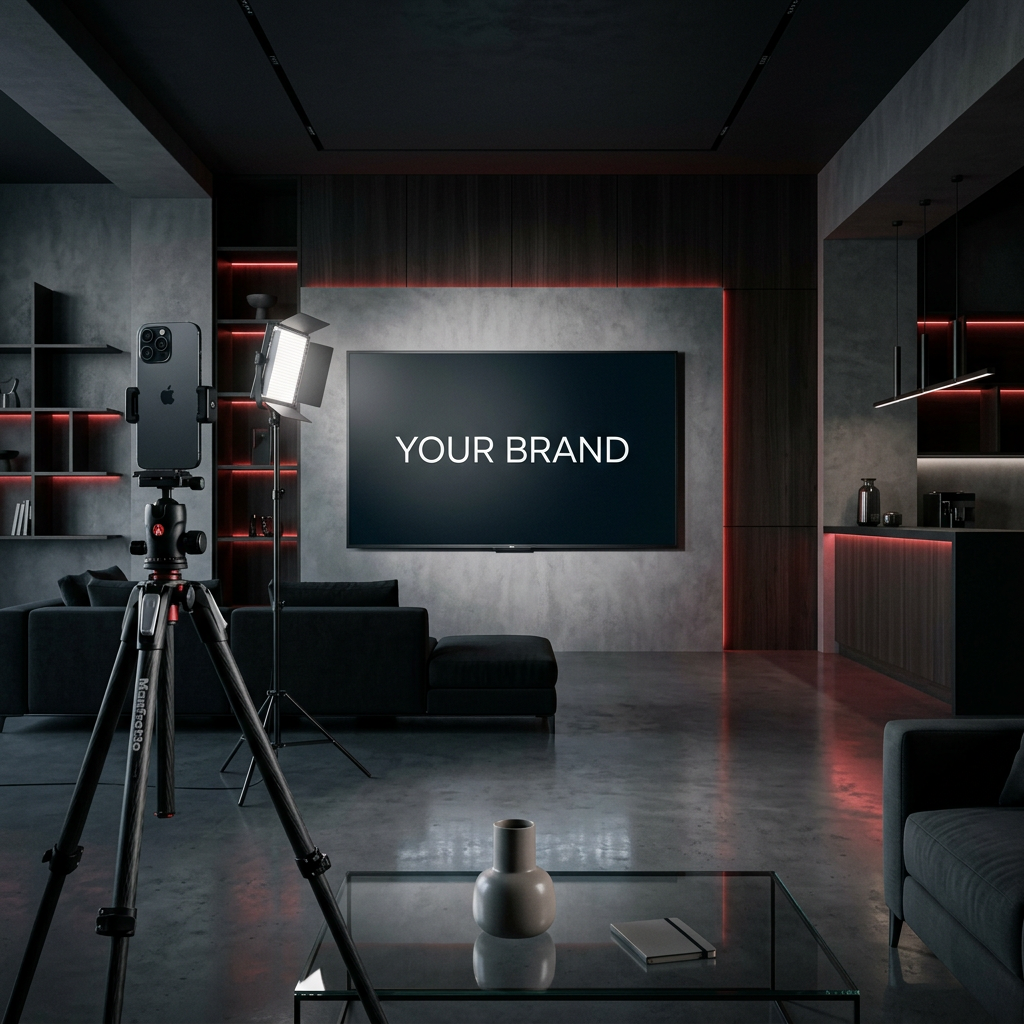 Modern apartment lounge with a Pro iPhone Max on a tripod and a light panel aimed at a wall screen reading Your Brand