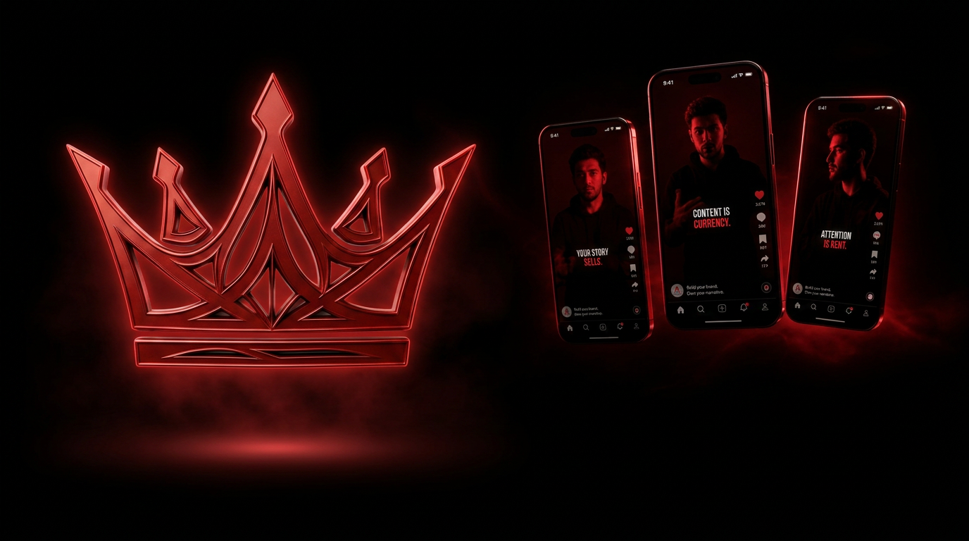 Red crown logo beside three Pro iPhone Max screens showing short-form vertical content